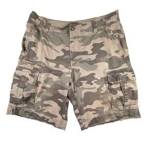 Roebuck & Co Mens Camo Cargo Shorts Green Brown 100% Cotton Size 32 Camouflage